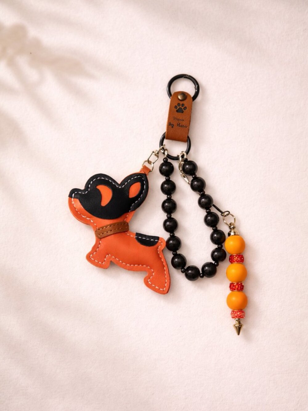 Orange Dog Keychain with Beaded Tassel & Leather Tag – 8" Length